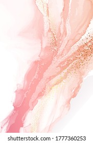 Gold abstract watercolor brush liquid isolated on white, fashion pink alcohol ink color palette, grungy smear red violet, red purple gold blush palette. Pale pink ink