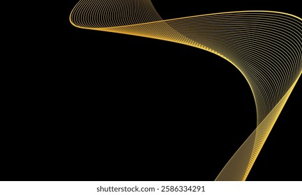 Gold abstract wave background. Luxury glitter glitter swirl pattern. Vector illustration of gold curve lines isolated on black. Elegant modern fashion design elements. GOLD LINE