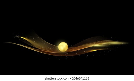 Gold abstract wave with gold glitter on a black background. Luxurious festive background.