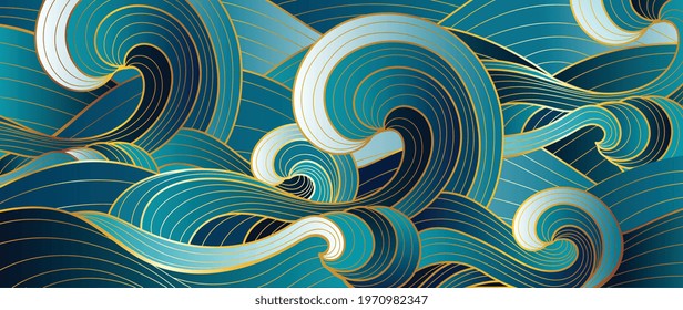 Gold abstract wave line arts background vector. Luxury wall paper design for prints, wall arts and home decoration, cover and packaging design.