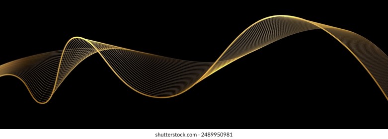 Fondo abstracto de las ondas del oro. Líneas de curva doradas Ilustración vectorial aisladas en negro. Patrón de remolino brillante brillante de brillo de lujo. Elegante elemento de diseño de moda moderna.