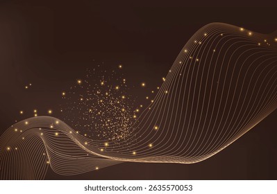 Gold abstract waves background. Golden curve lines vector illustration isolated on brown Luxury glitter shiny swirl. Connecting dots and lines. Big data visualization and Business .Vector illustration
