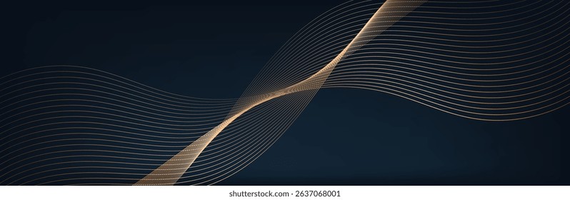 Gold abstract waves background. Golden curve lines vector illustration isolated on brown Luxury glitter shiny swirl. Connecting dots and lines. Big data visualization and Business .Vector illustration