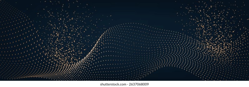 Gold abstract waves background. Golden curve lines vector illustration isolated on brown Luxury glitter shiny swirl. Connecting dots and lines. Big data visualization and Business .Vector illustration