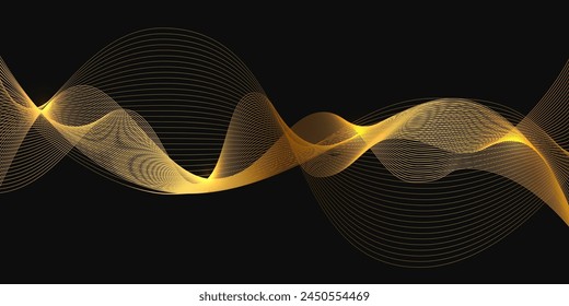 Olas abstractas de oro, Ilustración vectorial de paisaje de línea dorada aislada sobre fondo negro. Patrón de remolinos brillantes de brillo de lujo. Elegante elemento de diseño moderno.