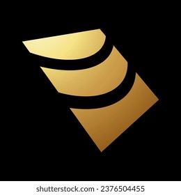 Icono cuadrado con forma de onda de resumen de oro en perspectiva sobre fondo negro