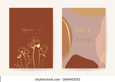 Gold and abstract wedding invitations vector template. Save the date, Thank you cards, RSVP, digital wedding anniversary cards . Electronic wedding card Abstract arts design for wedding celebration.