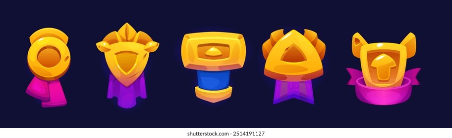 Gold achievement, level up and rank badge for game ui design. Cartoon vector illustration set icon of golden medal with ribbons. Videogame winner award trophy emblem. Bonus or rating insignia.