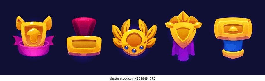 Gold achievement, level up and rank badge for game ui design. Cartoon vector illustration set icon of golden medal with ribbons. Videogame winner award trophy emblem. Bonus or rating insignia.