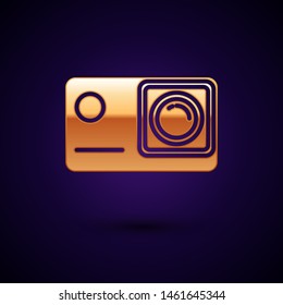 Gold Action extreme camera icon isolated on dark blue background. Video camera equipment for filming extreme sports.  Vector Illustration