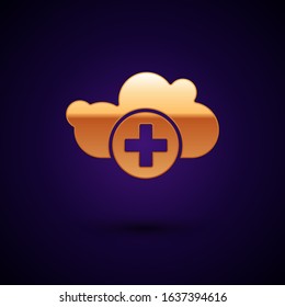 Gold Add cloud icon isolated on dark blue background. Data storage on the cloud.  Vector Illustration