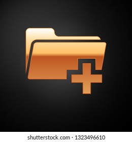 Gold Add new folder icon isolated on black background. New folder file sign. Copy document icon. Add attach create folder make new plus icon. Vector Illustration