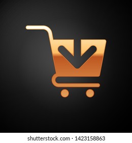 Gold Add to Shopping cart icon isolated on black background. Online buying concept. Delivery service sign. Supermarket basket symbol. Vector Illustration