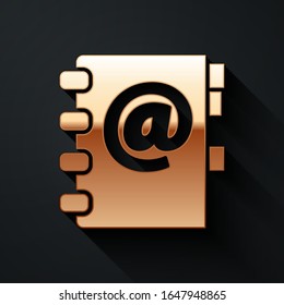 Gold Address book icon isolated on black background. Notebook, address, contact, directory, phone, telephone book icon. Long shadow style. Vector Illustration