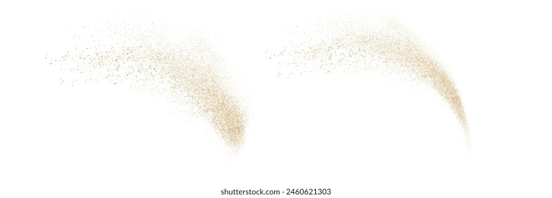 Gold aerosol fine particles effect, gold dust fine particles explosion, gold confetti glitter on white background, VIP design template. Vector