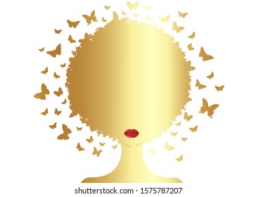 Gold Afro curly butterflies decorative composition with silhouette portrait black girl. Beauty center concept, hairstyle salon, Spa. Swarm of butterflies headdress in curly coiffed. African woman logo