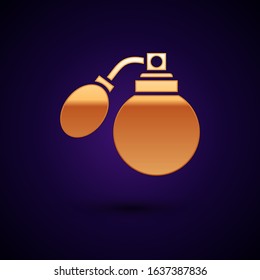 Gold Aftershave bottle with atomizer icon isolated on dark blue background. Cologne spray icon. Male perfume bottle.  Vector Illustration