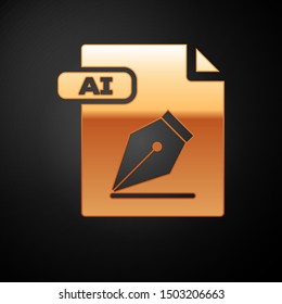 Gold AI file document. Download ai button icon isolated on black background. AI file symbol.  Vector Illustration
