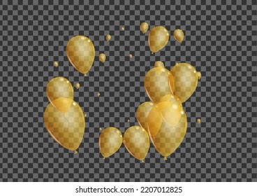 Gold Air Background Transparent Vector. Surprise Sphere Card. Golden Rubber Baloon. Ballon Festive Set.