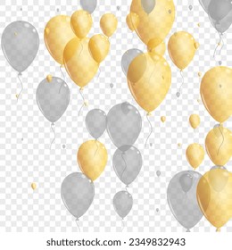 Goldener Hintergrund transparenter Vektorgrafik. Ballon Shine Hintergrund. Golden Glitter Helium. Confetti Streamers Design.