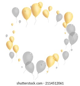 Gold Air Background White Vector. Baloon Fun Frame. Golden Abstract Ballon. Helium Festive Illustration.