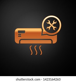 Gold Air conditioner with screwdriver and wrench icon isolated on black background. Adjusting, service, setting, maintenance, repair, fixing.  Vector Illustration