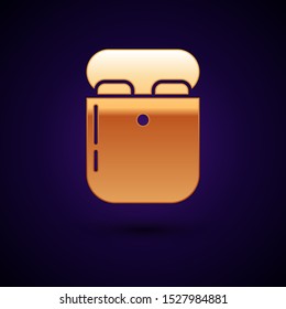 Gold Air headphones in box icon icon isolated on dark blue background. Holder wireless in case earphones garniture electronic gadget.  Vector Illustration