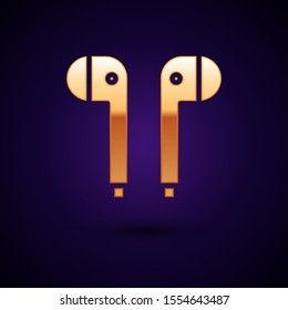 Gold Air headphones icon icon isolated on dark blue background. Holder wireless in case earphones garniture electronic gadget.  Vector Illustration