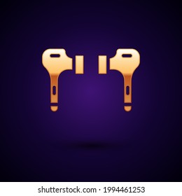 Gold Air headphones icon icon isolated on black background. Holder wireless in case earphones garniture electronic gadget.  Vector Illustration