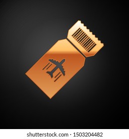 Gold Airline ticket icon isolated on black background. Plane ticket.  Vector Illustration