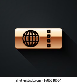 Gold Airline ticket icon isolated on black background. Plane ticket. Long shadow style. Vector Illustration