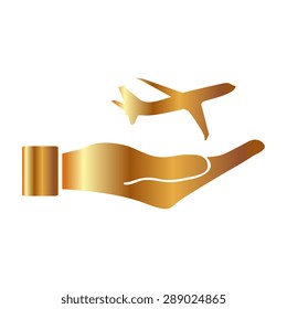 Gold Airplane Icon in hand - vector icon 
