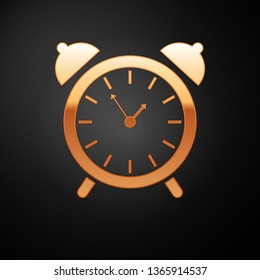 Gold Alarm clock icon isolated on black background. Wake up, get up concept. Time sign. Vector Illustration