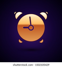 Gold Alarm clock icon isolated on dark blue background. Wake up, get up concept. Time sign.  Vector Illustration
