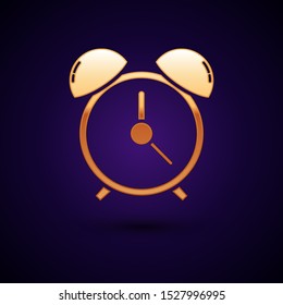 Gold Alarm clock icon isolated on dark blue background. Wake up, get up concept. Time sign.  Vector Illustration