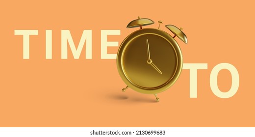 Gold alarm clock isolated on light background. Time to. Vector illustration