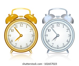 Gold alarm clock and silver alarm clock on white background