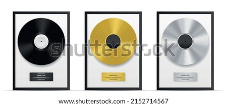 Gold album mockup. Collection of records, music and playlist for real fans. Music band award, congratulations and memory concept. Realistic flat vector illustrations isolated on white background