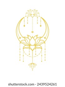 Gold alchemy Moon graphic element design. Luxury lotus on center infront of the crescent Moon.