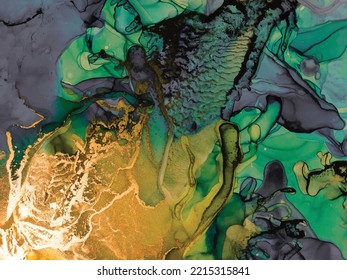 Gold Alcohol Ink Background. Glitter Marble Art Watercolor. Green Abstract Background. Elegant Fluid Pattern. Green Water Color Marble. Gold Ink Paint. Alcohol Ink Marble. Modern Vector Painting.