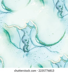 Gold Alcohol Ink Marble. Amethyst Alcohol Ink Background. Blue Art Paint. Fluid Marble Background. Green Water Color Repeat. Gold Oriental Watercolor. Luxury Abstract Painting Light Seamless Texture.