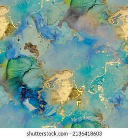 Gold Alcohol Ink Marble. Green Ink Paint. Vector Sky Seamless Template. Foil Marble Watercolor. Gold Alcohol Ink Watercolor. Golden Water Color Canvas. Blue Gradient Background. Fluid Seamless Gold