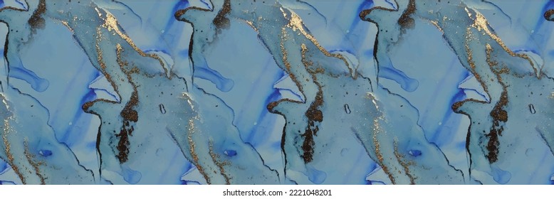 Gold Alcohol Ink Marble. Light Elegant Pattern. Modern Abstract Template. White Water Color Marble. Blue Ink Paint. Shiny Vector Ink Watercolor. Foil Marble Watercolor. Gold Seamless Background.
