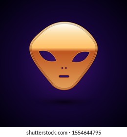 Gold Alien icon isolated on dark blue background. Extraterrestrial alien face or head symbol.  Vector Illustration