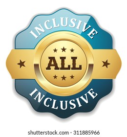 Gold all inclusive badge with light blue border on white background