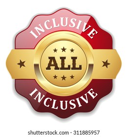 Gold all inclusive badge with red border on white background