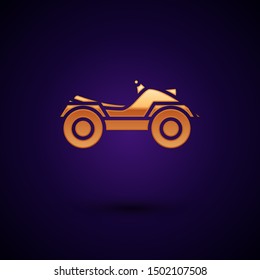 Gold All Terrain Vehicle or ATV motorcycle icon isolated on dark blue background. Quad bike. Extreme sport.  Vector Illustration