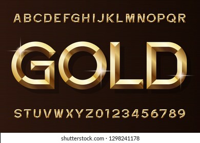 Gold alphabet font. 3d beveled gold effect letters and numbers. Stock vector typescript for your design.