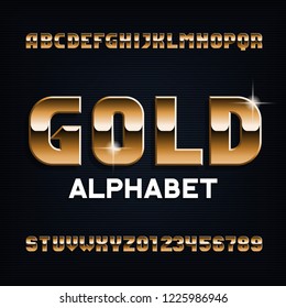 Gold alphabet font. Beveled metal color letters and numbers. Stock vector typescript for your design.