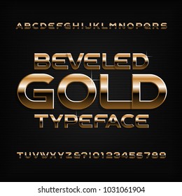 Gold alphabet font. Golden beveled glossy letters, numbers and symbols. Stock vector typeface for any typography design. Gold alphabet font. Golden beveled glossy letters, numbers and symbols. Stock vector typeface for any typography design.